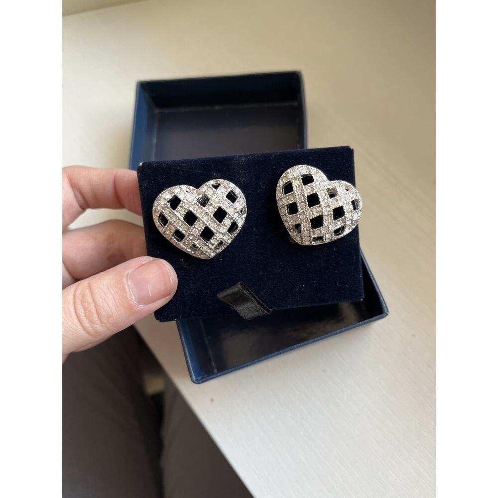 Silver Tone Clear Rhinestone Heart Clip Earrings Vintage - Picture 2 of 5